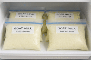 Several labeled freezer bags filled with frozen goat milk, neatly stacked in a freezer drawer, symbolizing safe and efficient bulk storage.