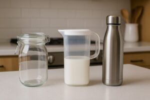 Various types of milk storage containers made of glass, plastic, and stainless steel in a home kitchen setting.