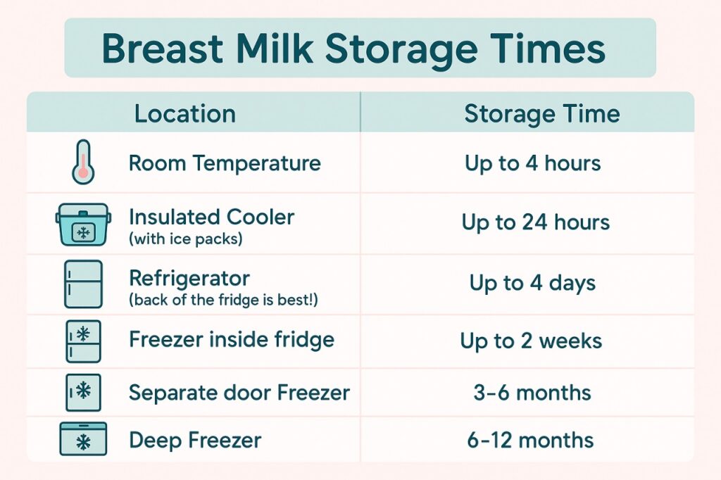 Breast milk storage time chart for room temperature, fridge, freezer, and deep freezer