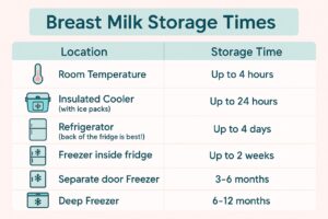 Breast milk storage time chart for room temperature, fridge, freezer, and deep freezer