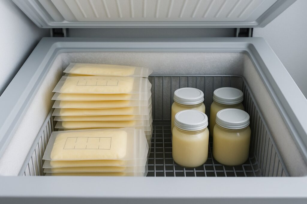 Organized breast milk storage in a deep chest freezer with flat-stacked labeled milk bags and sealed glass containers, showing safe long-term preservation and consistency.
