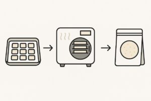 Visual guide showing the step-by-step process of how to freeze dry breast milk using specialized equipment.