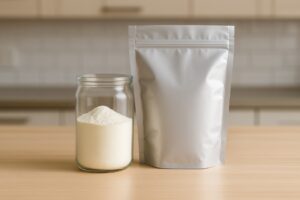 Image illustrating freeze-dried breast milk powder being stored for long-term preservation and convenience.