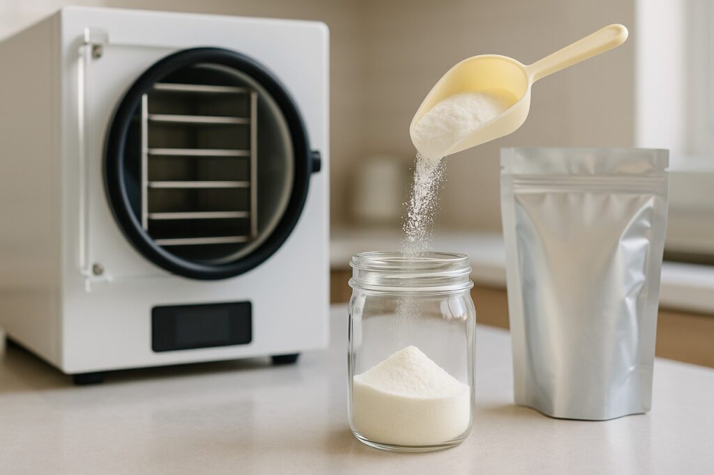 Visual guide showing how to freeze dry breast milk at home resulting in shelf-stable powder.