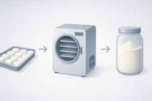 Infographic illustrating the step-by-step process of how to safely freeze dry breast milk at home.