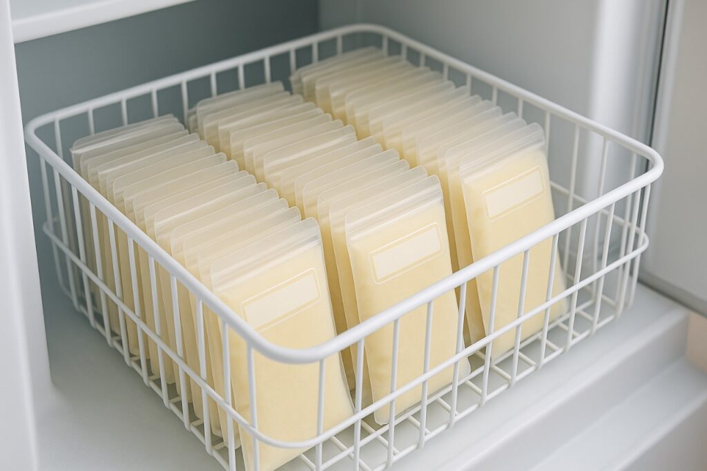 Image showing how to freeze breast milk flat for space-saving organization in a freezer drawer.
