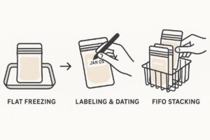 Infographic demonstrating how to organize breast milk in freezer using flat freezing, labeling, and the FIFO method for efficient rotation.