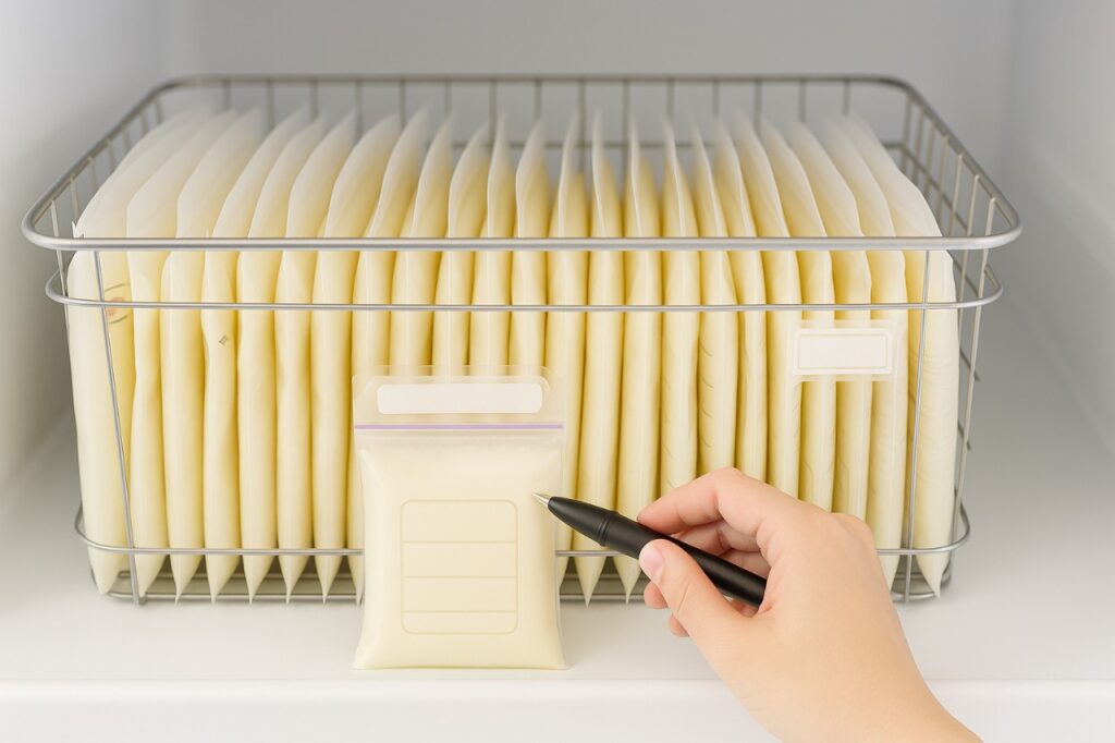 A tidy stack of flat-frozen breast milk storage bags organized in a freezer basket, illustrating the quantity needed for storage.