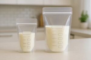 Comparison image showing small (4oz) and large (8oz) breast milk storage bags to help mothers choose the correct quantity.