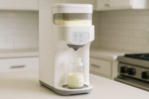 Automatic formula milk dispenser machine preparing a baby bottle, highlighting precision, hygiene, and convenience for parents.