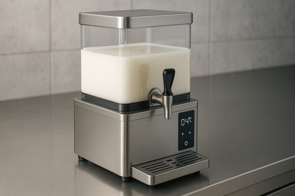 Modern electric milk dispenser machine for cafeteria service, showing hygiene, technology, and efficient bulk milk cooling.