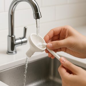 Close-up image showing a detachable component of an automatic formula dispenser being cleaned, emphasizing essential hygiene and maintenance.