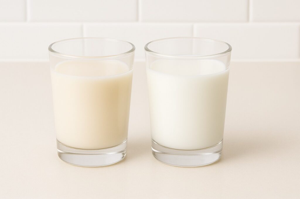 Side-by-side comparison of fresh goat milk and cow milk in clear glasses, highlighting subtle differences.