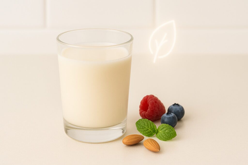 Image showcasing the health benefits of goat milk, with a glass of milk surrounded by healthy ingredients like fruits, nuts, and a digestive symbol.
