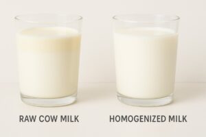 Visual comparison showing the natural cream layer rising on raw cow milk versus the uniform texture of homogenized store-bought milk.