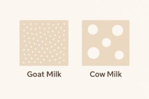 Simple infographic comparing the size of fat globules in goat milk versus cow milk to illustrate digestibility benefits.