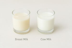 Visual comparison of breast milk texture versus cow milk texture, highlighting the difference in consistency.