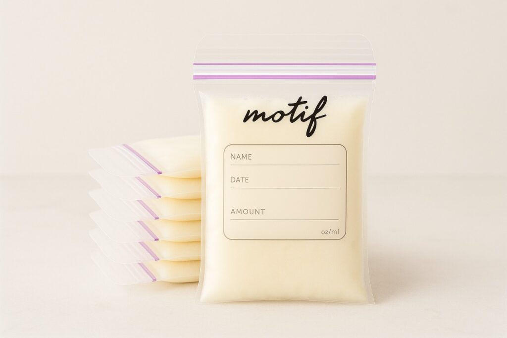 Motif breast milk storage bags showcasing leak-proof design, flat-freezing, and clear labeling area.