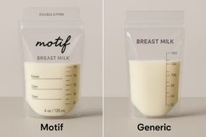 Side-by-side comparison of Motif breast milk storage bag (thick, double seal) versus a generic thin storage bag (single seal).