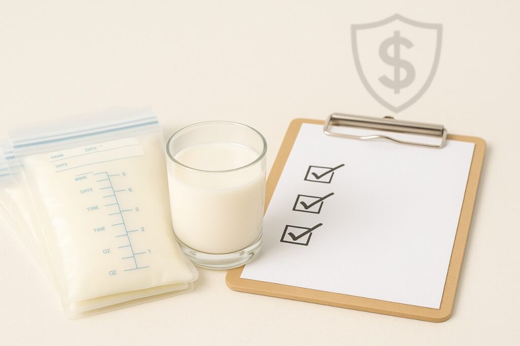 US mom organizing free breast milk storage bags provided through health insurance benefits and ACA coverage.