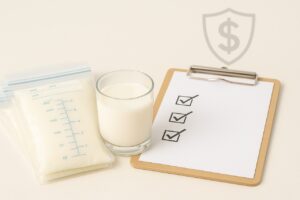 US mom organizing free breast milk storage bags provided through health insurance benefits and ACA coverage.