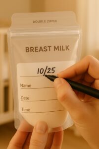 Close-up of a hand labeling a breast milk storage bag with the date, a key step for safe insurance-covered supplies.