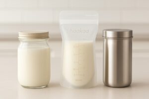 Comparison of non-plastic breast milk storage solutions: glass jars, reusable silicone bags, and stainless steel containers.