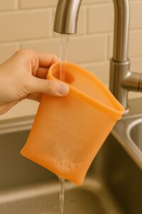 Close-up shot demonstrating the cleaning and sterilization process for reusable, non-plastic breast milk storage silicone bags.