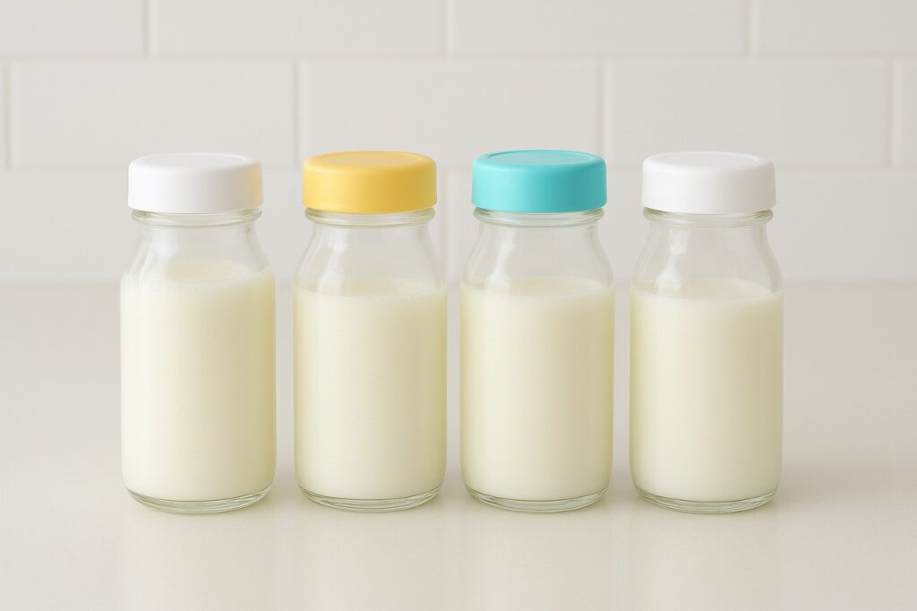 Close-up of glass breast milk storage bottles with secure lids, highlighting chemical-free and safe storage.