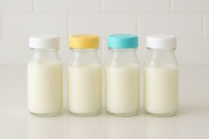 Close-up of glass breast milk storage bottles with secure lids, highlighting chemical-free and safe storage.