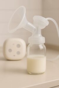 Glass breast milk storage bottle attached directly to a breast pump flange for convenient pump-to-store use.