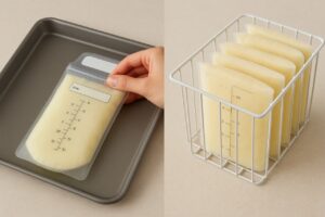 Step-by-step visual showing how to freeze breast milk bags flat on a tray and then stacking them vertically in a freezer basket.