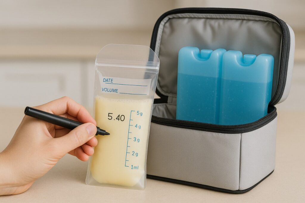 A mother preparing breast milk bags by labeling and placing them neatly into a small, insulated travel cooler with frozen gel packs.