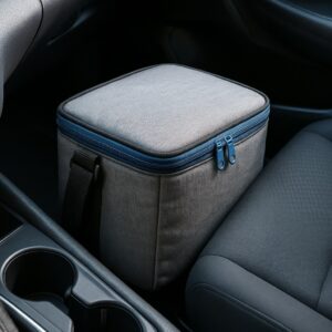 A tightly sealed insulated cooler bag with ice packs, sitting in a shaded car cup holder, illustrating safe 24-hour travel storage.