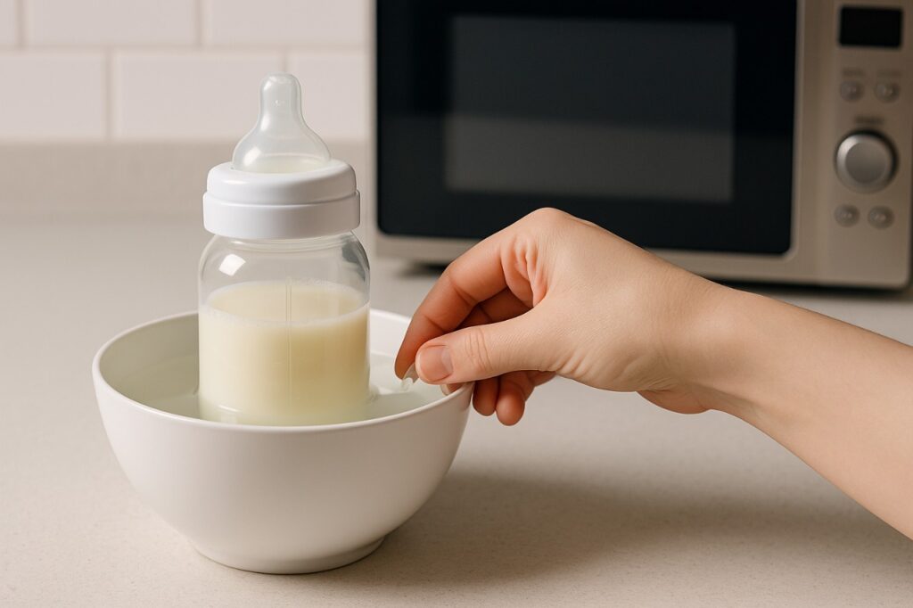 A sealed glass bottle of breast milk gently warming in a clear bowl of warm water (approximately 98°F), avoiding microwave use.