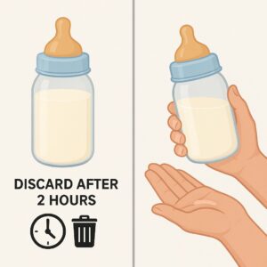A visual comparison showing a bottle of reheated breast milk being discarded after 2 hours next to a bottle ready for immediate feeding.