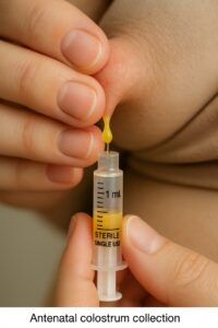 Close-up of a hand gently hand expressing colostrum into a small sterile syringe during the antenatal period.