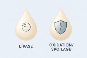 Conceptual graphic illustrating safe, slightly soapy milk (Lipase) versus spoiled, metallic-tasting milk (Oxidation) via contrasting visual cues.