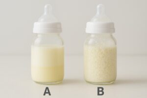 A comparison shot showing two clear glass bottles of breast milk: one with normal fat layer separation, and the other showing obvious clumps or curdling.