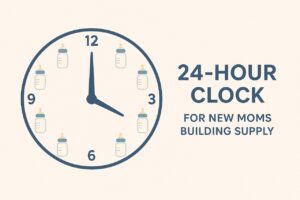 A stylized visual showing a timeline or clock indicating frequent pumping sessions (every 3 hours) throughout a 24-hour period to build supply.