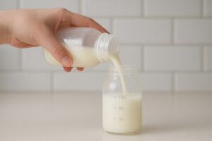 A close-up of a hand gently pouring cooled, freshly expressed breast milk from one bottle into another bottle containing cold, refrigerated milk, both at the same temperature.