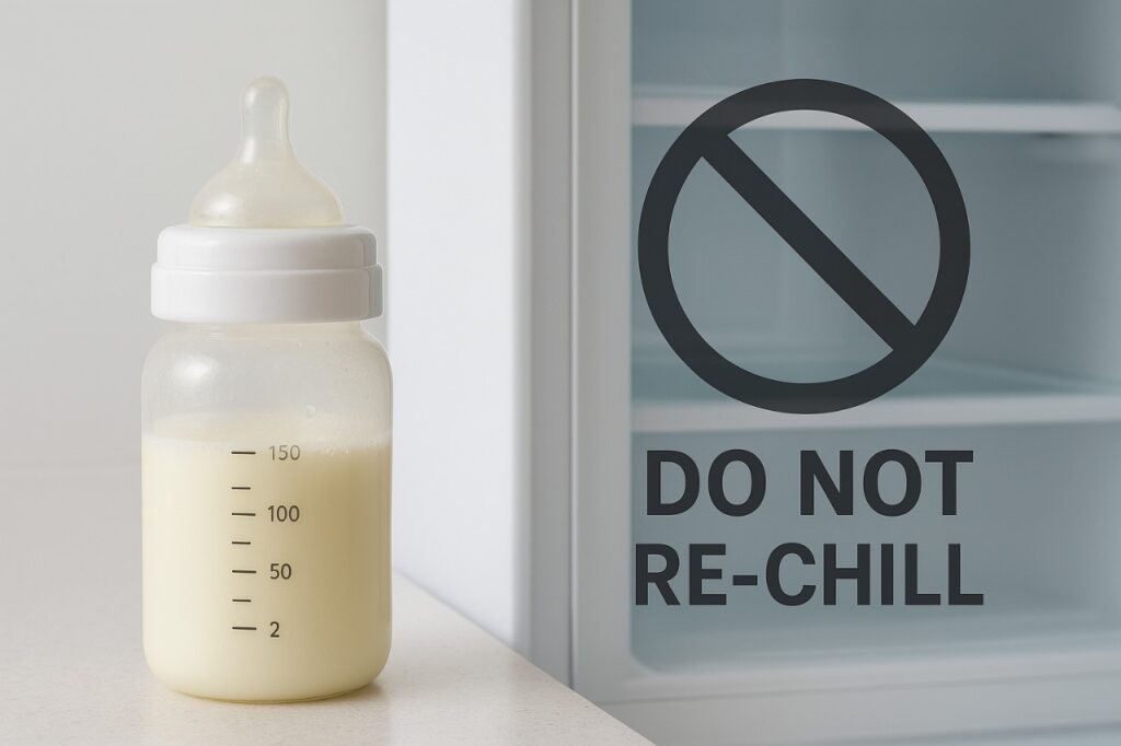 Visual of a half-empty baby bottle with warm milk next to a refrigerator, overlaid with a clear "DO NOT RE-CHILL" warning sign.