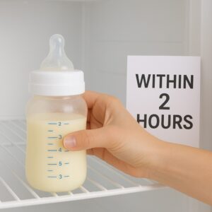 A mother setting a freshly warmed but unused bottle of breast milk back into the refrigerator, clearly labeling it with the time/date before closing the door.