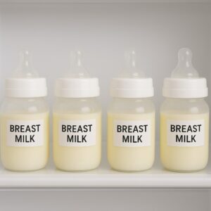 An organized set of small, labeled breast milk bottles (2-3oz portions) in the fridge, symbolizing the safe practice of portioning milk to minimize waste.