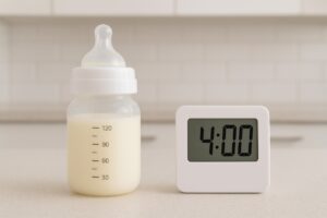 A stylized visual showing a single bottle of breast milk on a kitchen counter next to a clear timer set to exactly 4 hours, emphasizing the time limit.