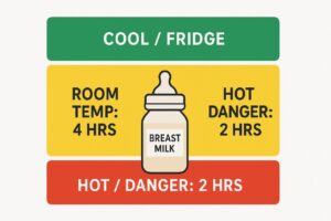 A conceptual graphic showing three distinct zones: a cool zone (long storage time), room temperature zone (4 hours), and a hot zone (2 hours/danger), using temperature indicators.