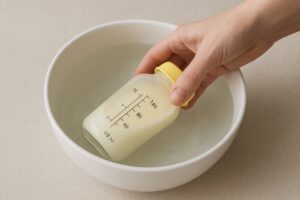 A close-up of a sealed breast milk bottle being gently rotated in a bowl of warm water (no hotter than 99°F), illustrating the controlled, safe speed-thawing method.