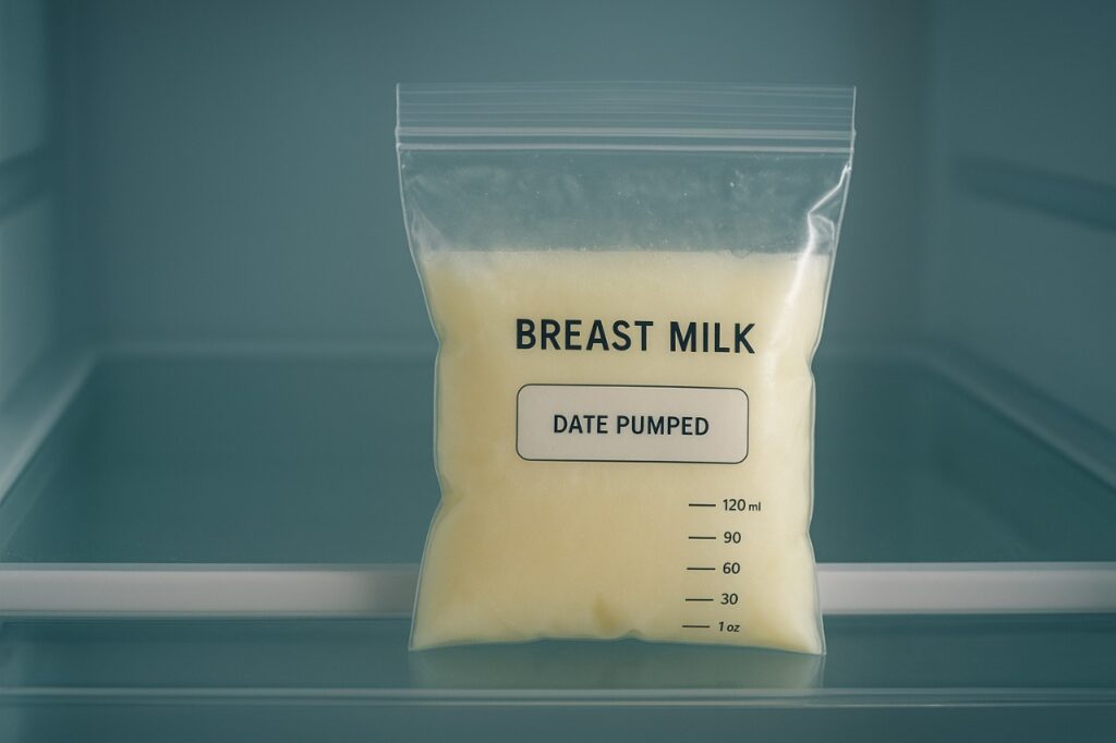 A sealed breast milk bag thawing safely overnight in the refrigerator, clearly showing the date label.