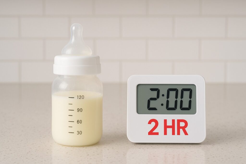 A stylized visual showing a partially fed bottle of warm breast milk next to a digital clock clearly showing the 2-hour safety limit.