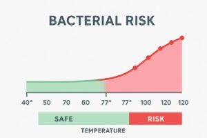 A conceptual infographic illustrating temperature zones: below 77°F (slow bacteria) vs. above 77°F (rapid bacterial growth).